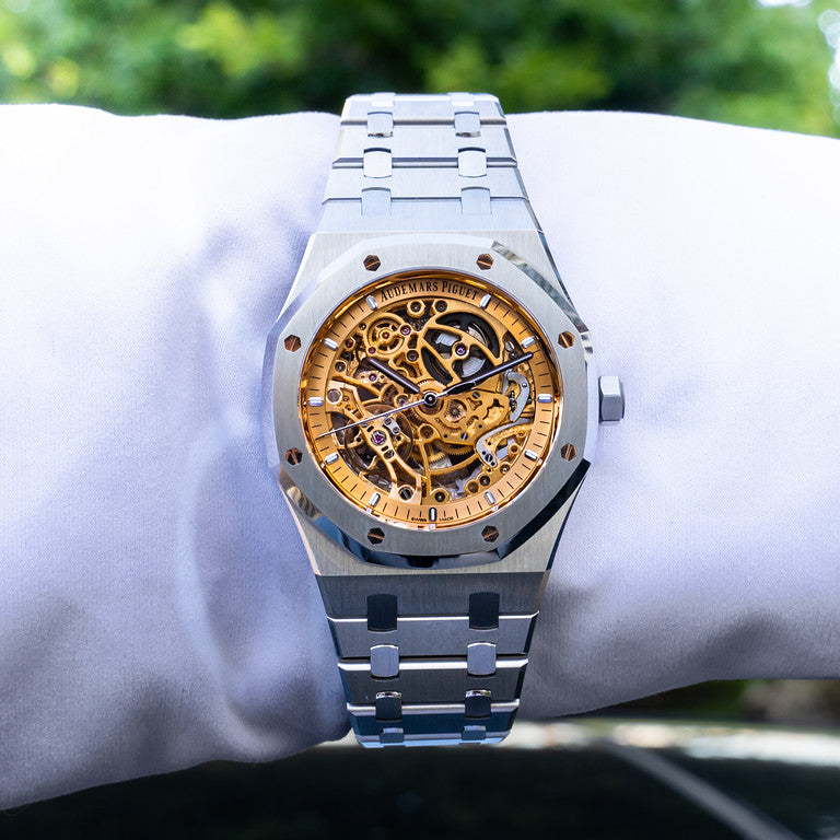 Audemars Piguet 2024 Double Balance Wheel Open worked Stainless Steel Salmon Dial