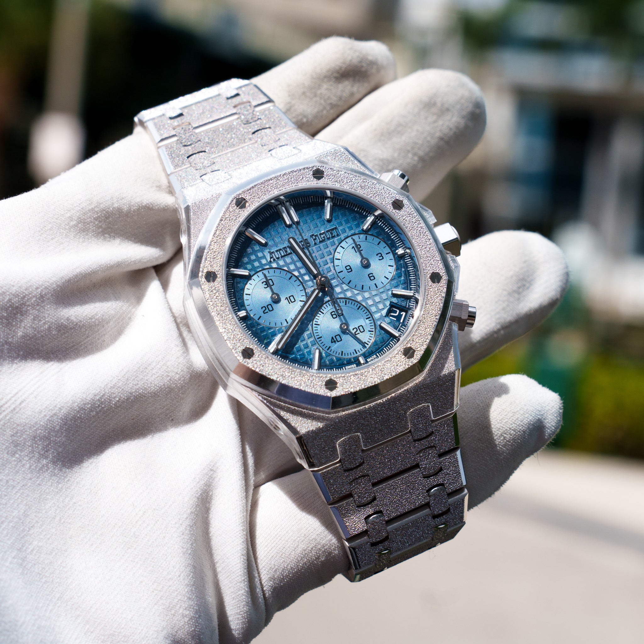 2023 Audemars Piguet Royal Oak Chronograph Frosted White Gold Blue Dial 26240BC