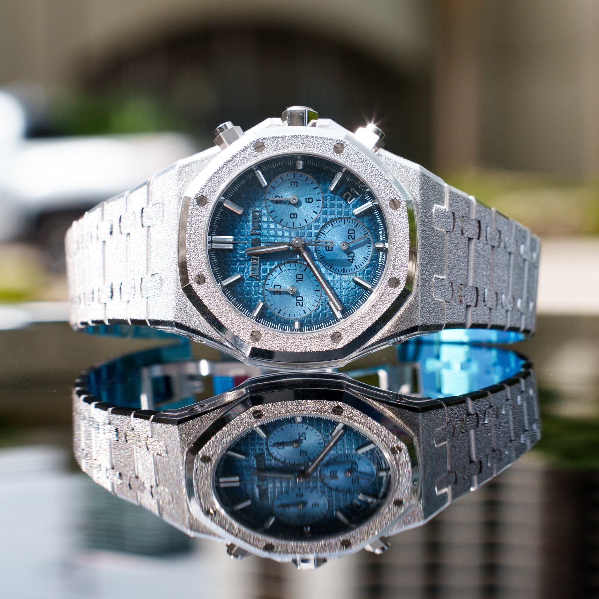 2023 Audemars Piguet Royal Oak Chronograph Frosted White Gold Blue Dial 26240BC