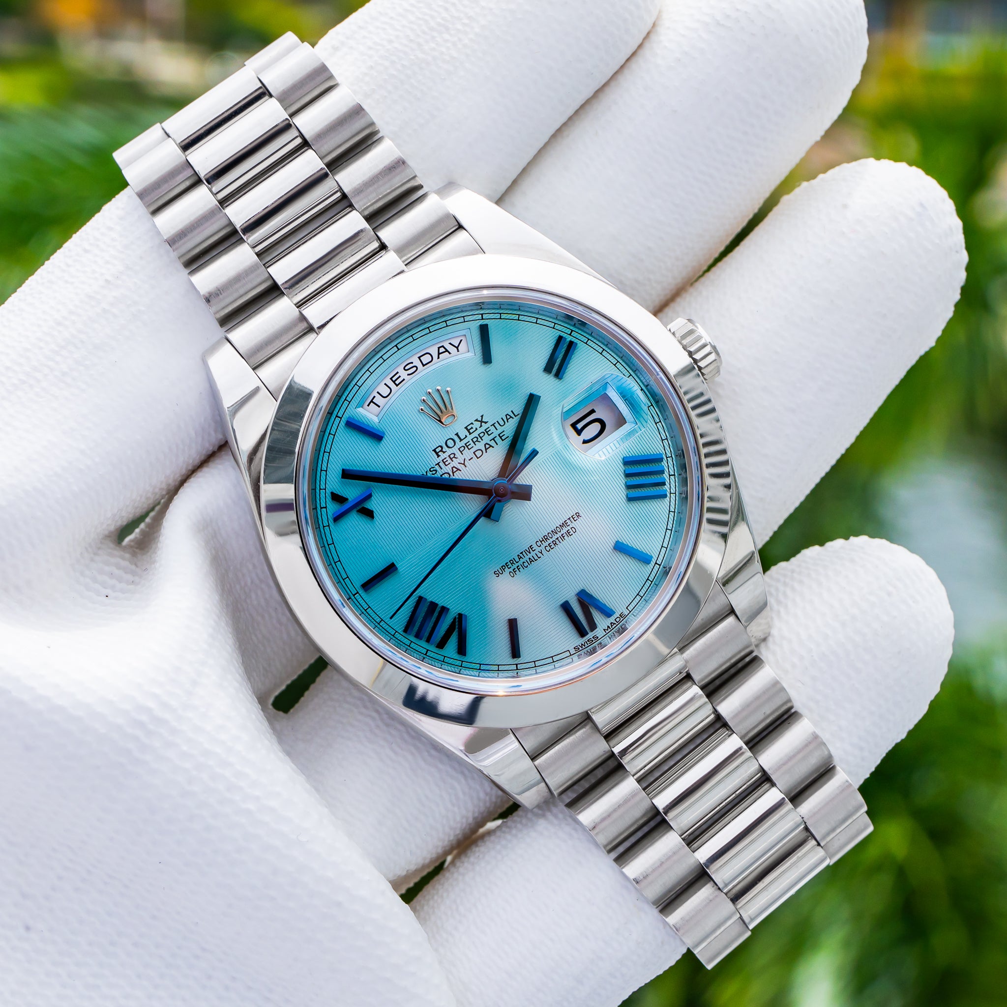 2018 Rolex 228206 Day-Date Platinum Ice Blue Dial 40mm