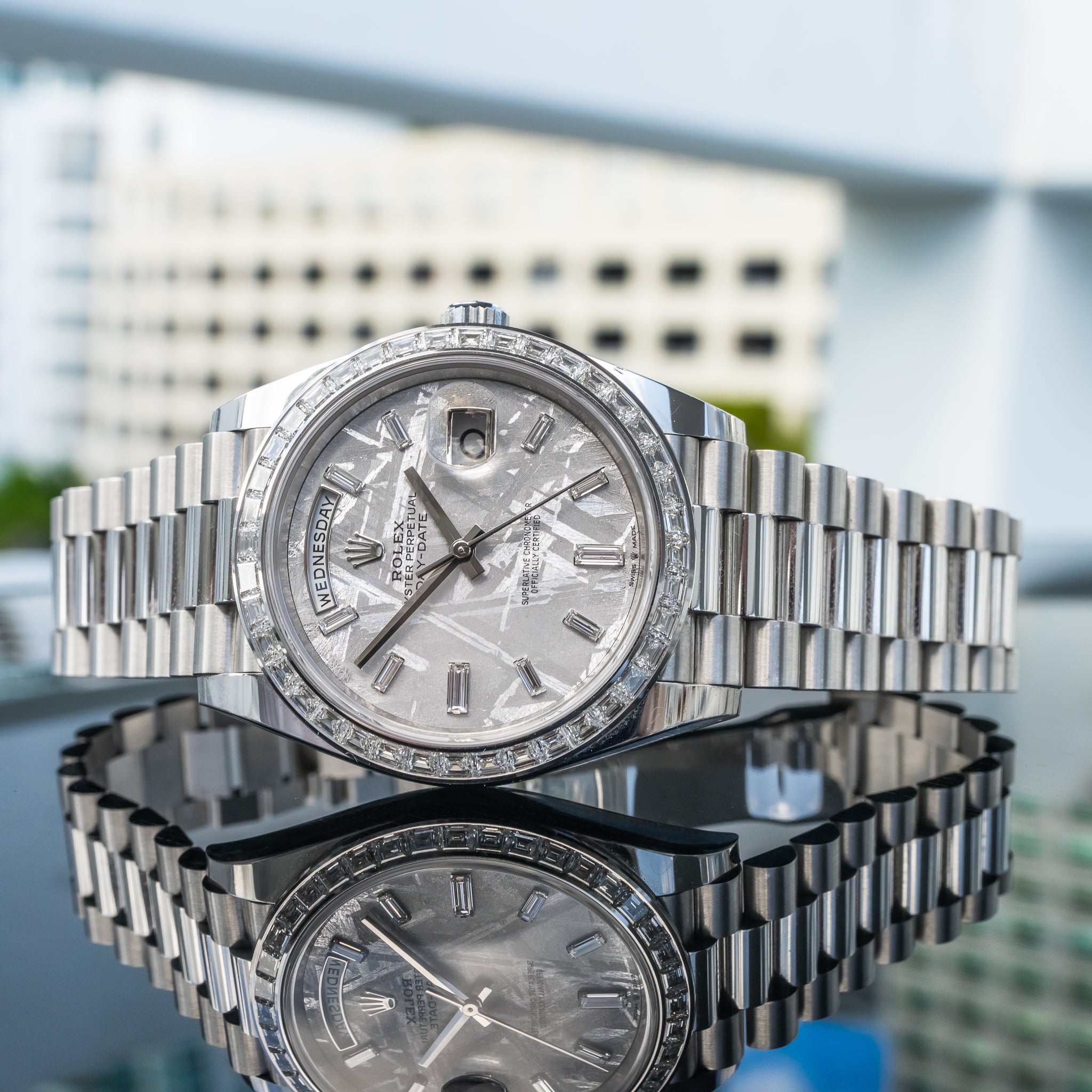Rolex 228396TBR Day-Date Platinum Baguette Bezel Meteorite 40mm