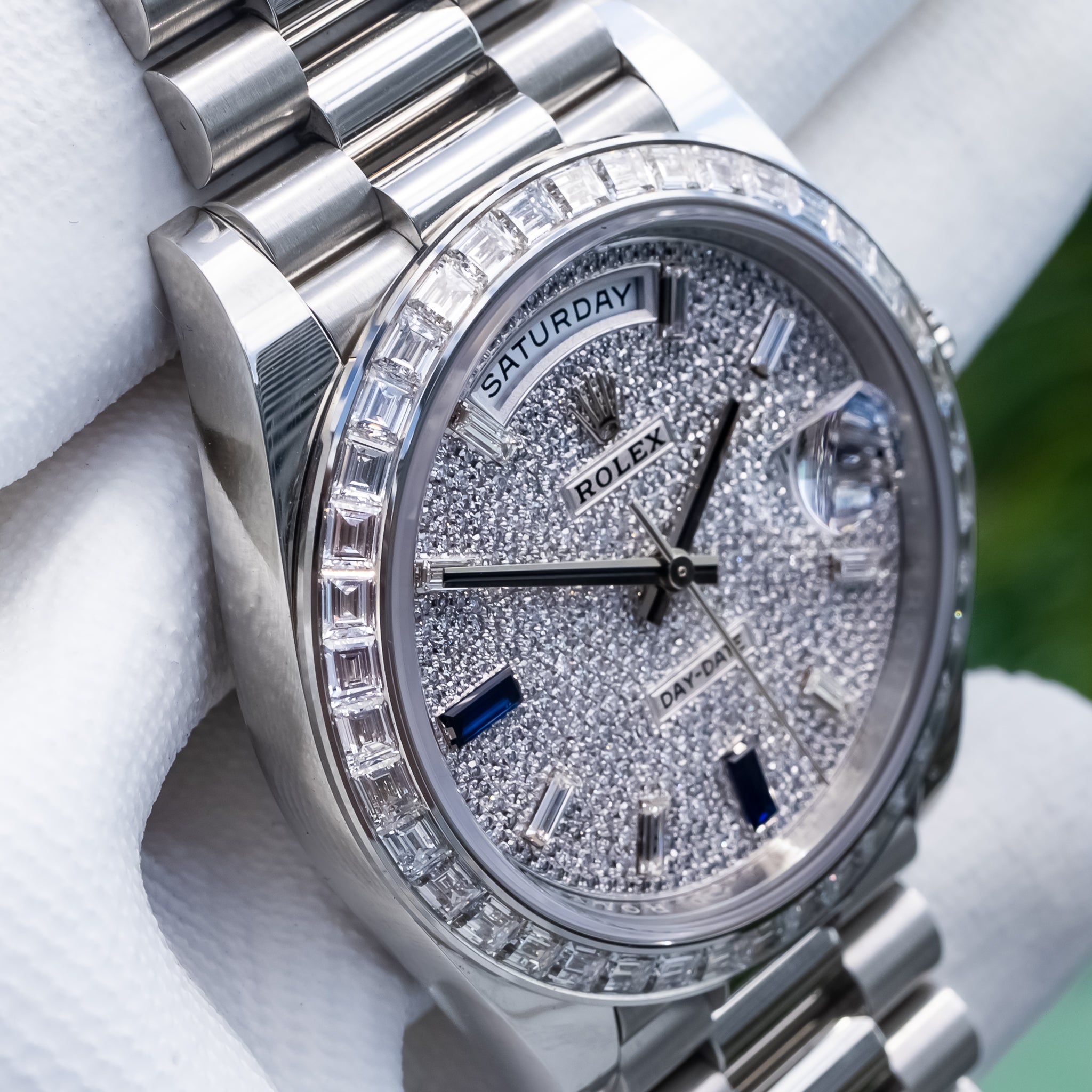 Rolex Day-Date 40mm Platinum with Baguette Bezel 228396TBR Pave Dial