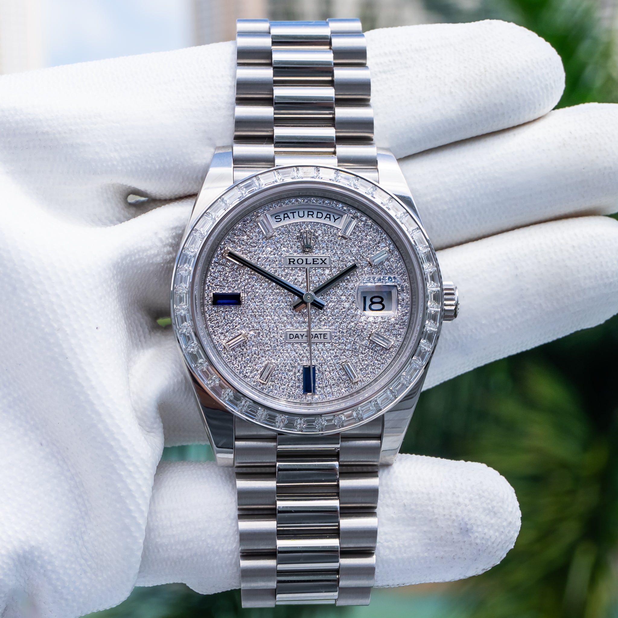 Rolex Day-Date 40mm Platinum with Baguette Bezel 228396TBR Pave Dial
