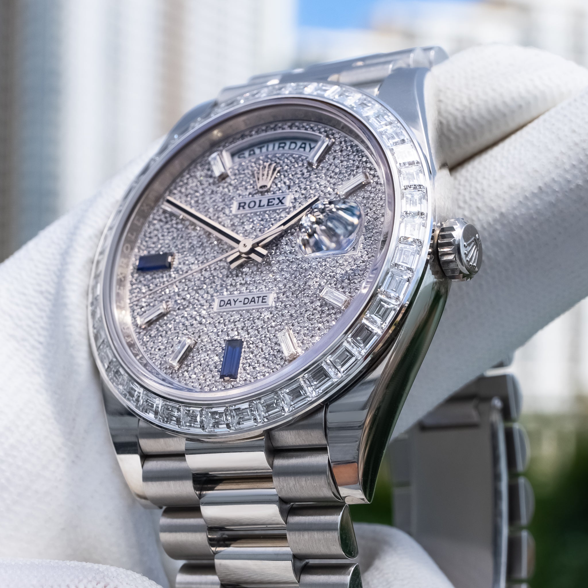 Rolex Day-Date 40mm Platinum with Baguette Bezel 228396TBR Pave Dial