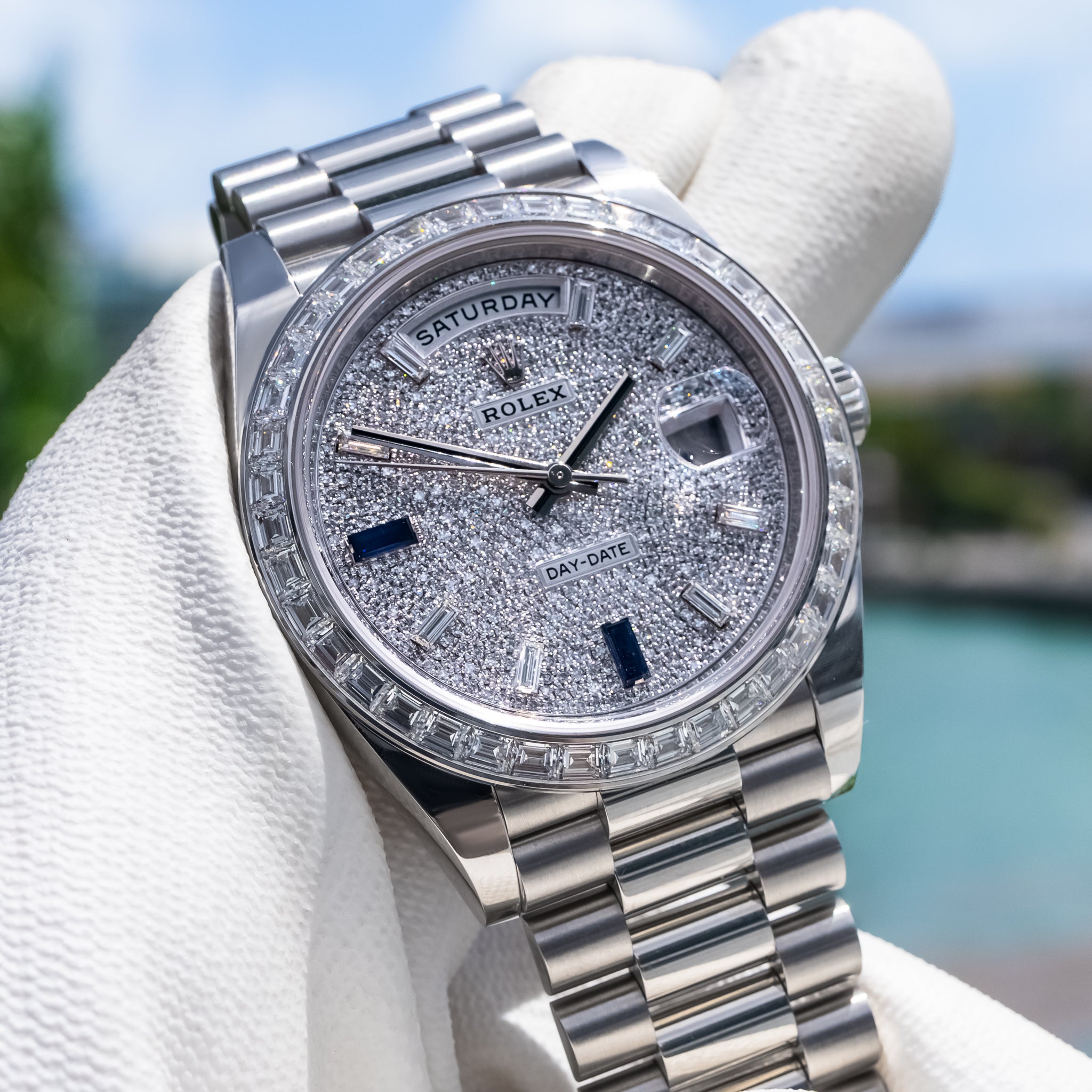 Rolex Day-Date 40mm Platinum with Baguette Bezel 228396TBR Pave Dial