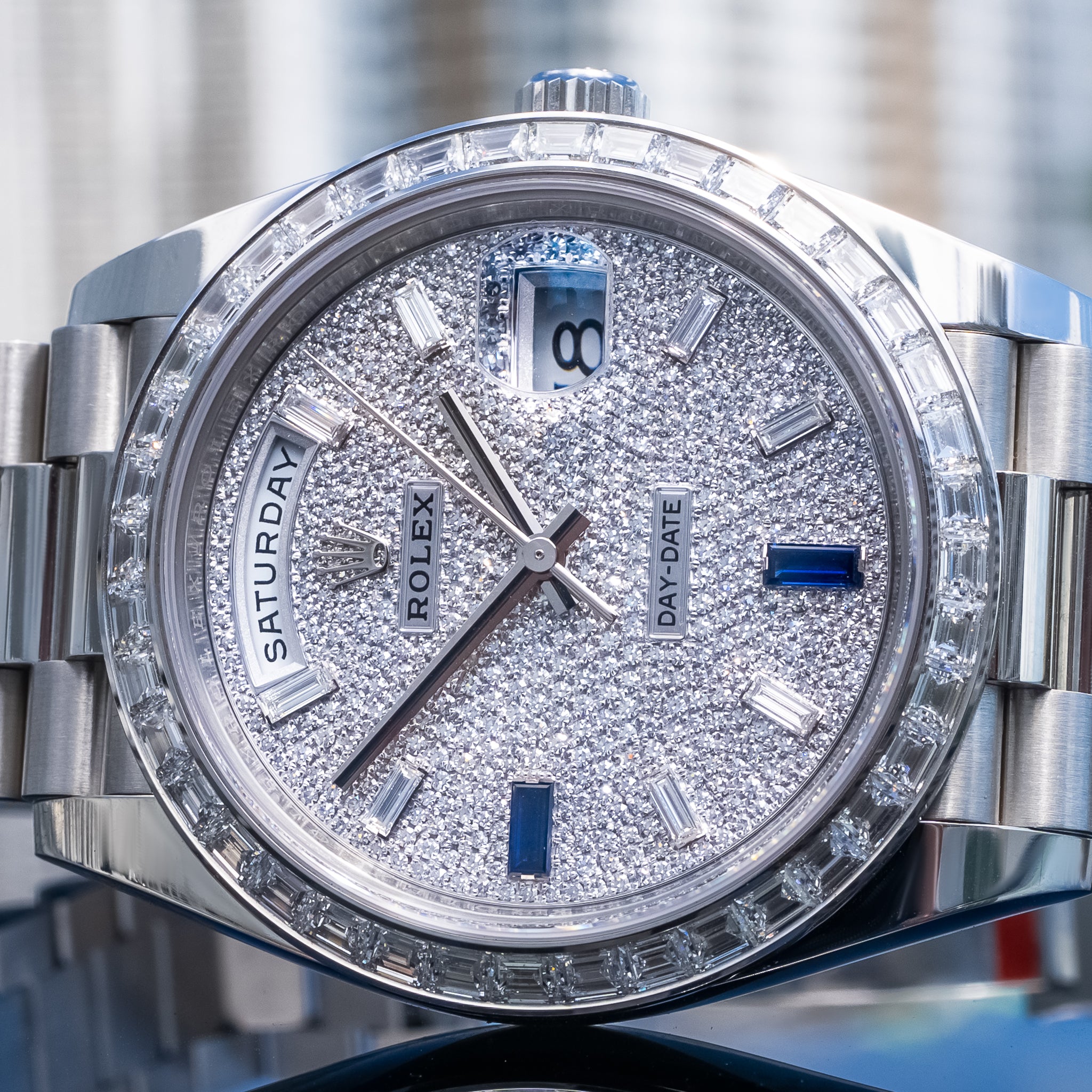 Rolex Day-Date 40mm Platinum with Baguette Bezel 228396TBR Pave Dial