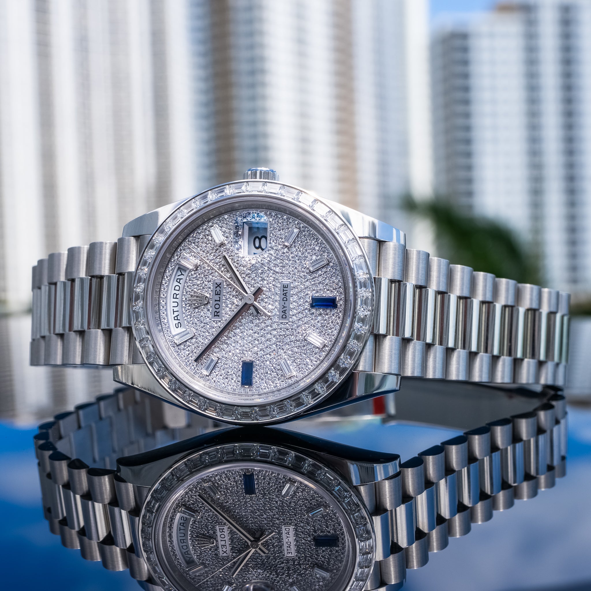 Rolex Day-Date 40mm Platinum with Baguette Bezel 228396TBR Pave Dial