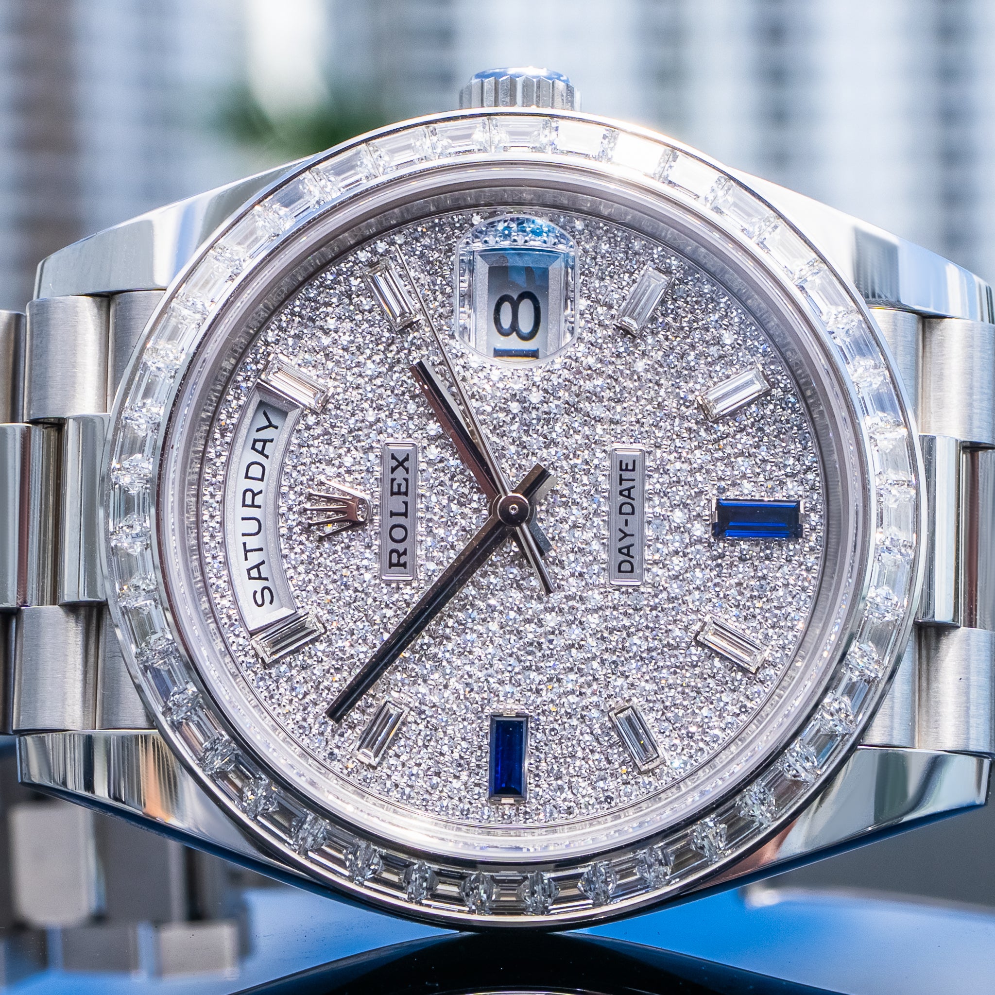 Rolex Day-Date 40mm Platinum with Baguette Bezel 228396TBR Pave Dial
