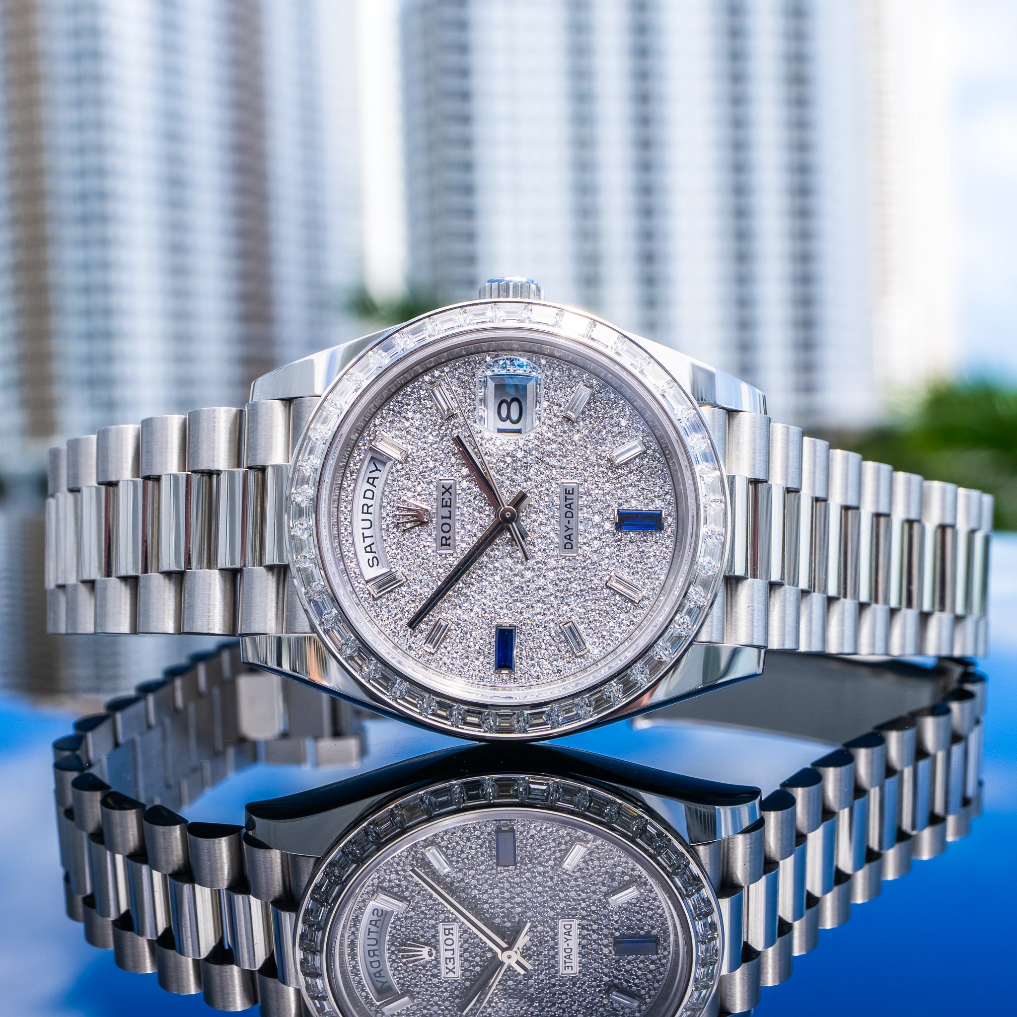 Rolex Day-Date 40mm Platinum with Baguette Bezel 228396TBR Pave Dial