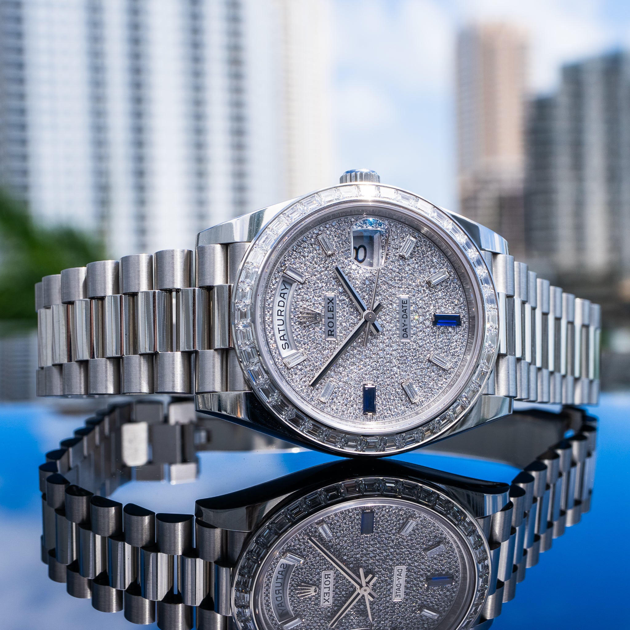 Rolex Day-Date 40mm Platinum with Baguette Bezel 228396TBR Pave Dial
