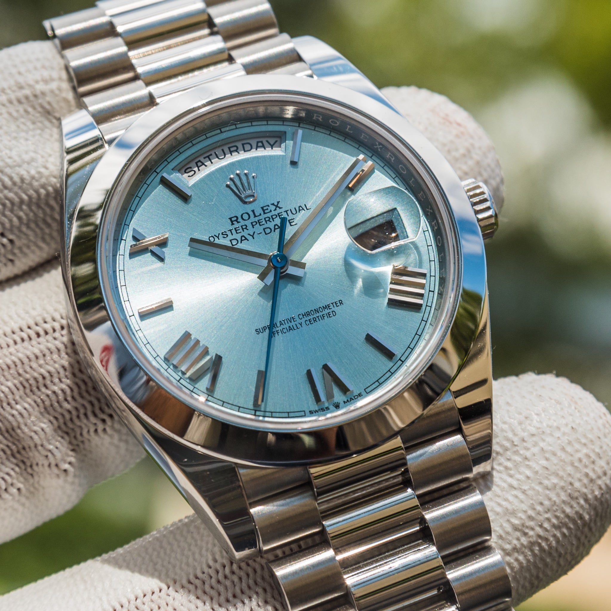 Rolex 2022 Day-Date 40mm Platinum Blue Ice Dial 228206
