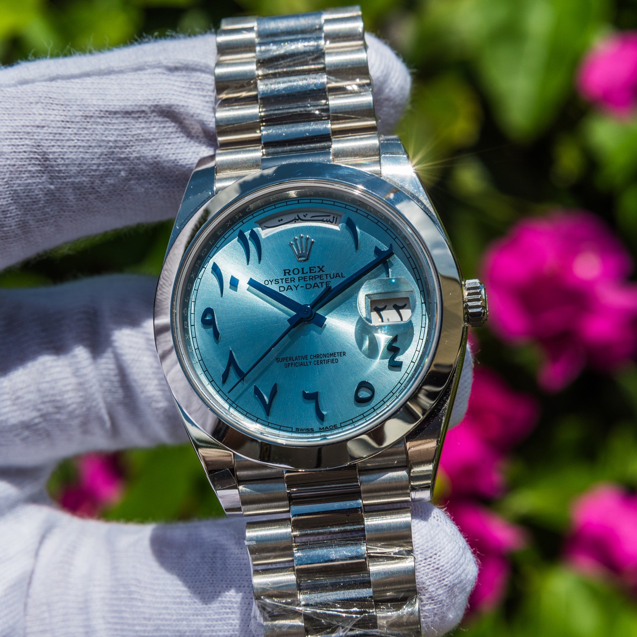 Rolex 2022 Day-Date 40mm Platinum Blue Arabic 228206