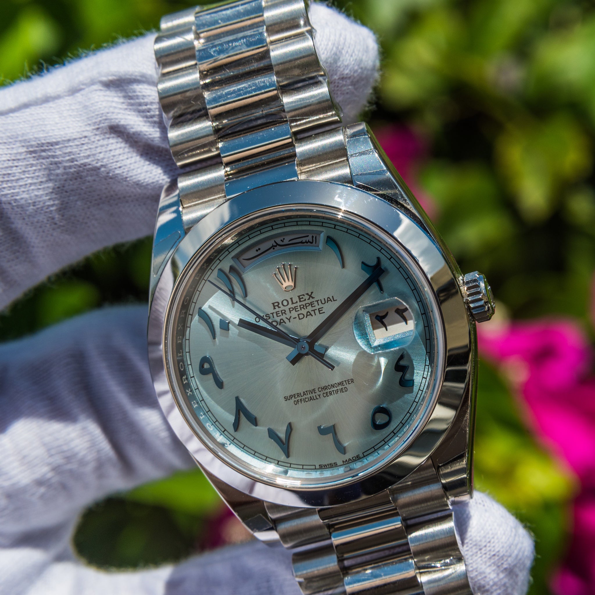 Rolex 2022 Day-Date 40mm Platinum Blue Arabic 228206