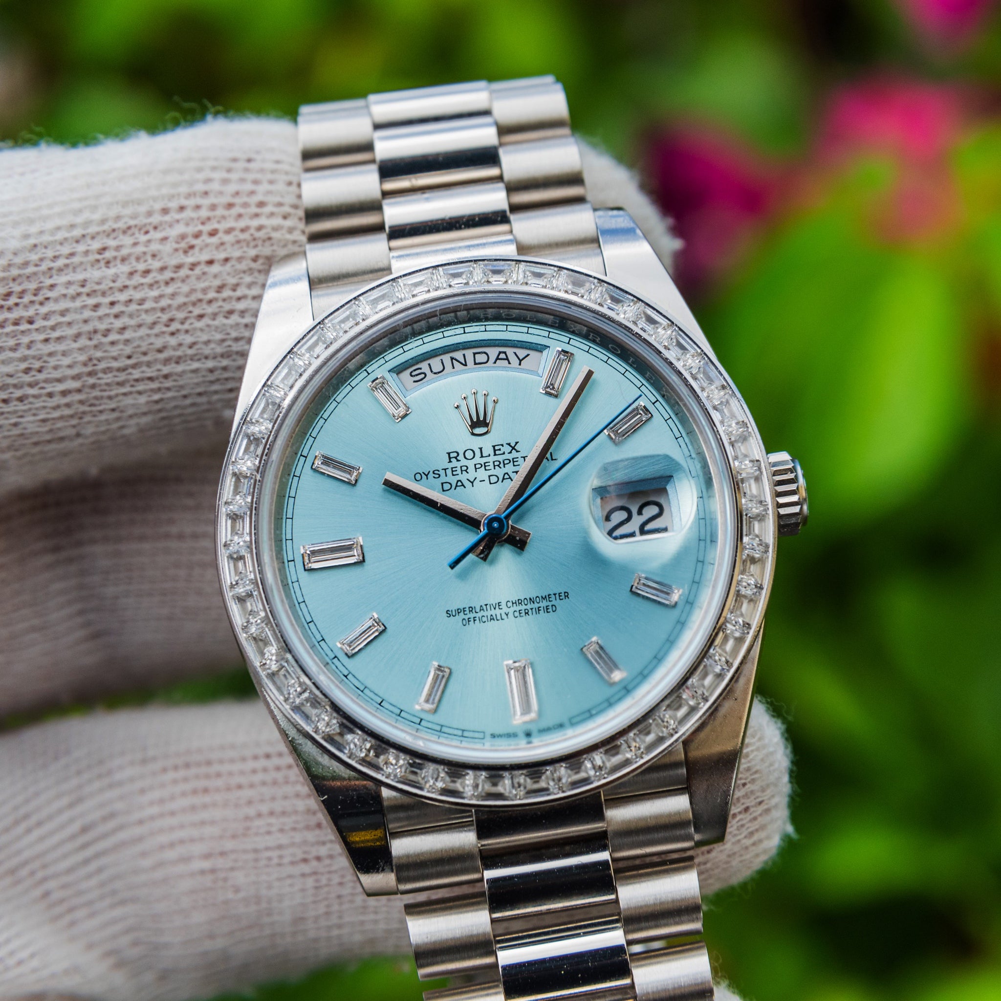 Rolex 2022 Day-Date 40mm Platinum with Baguette Bezel 228396TBR