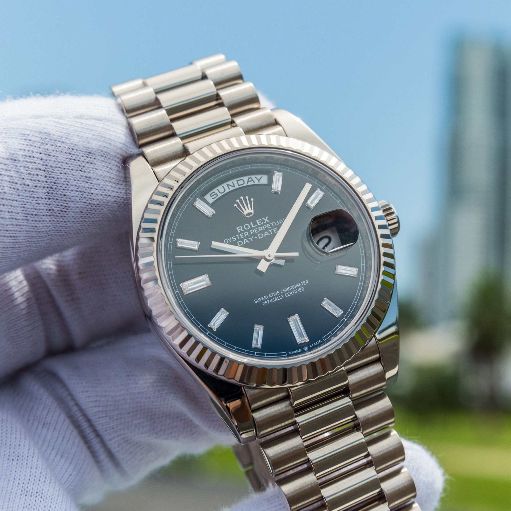 Rolex 2023 Day-Date 40mm 228239 Black Dial Baguette