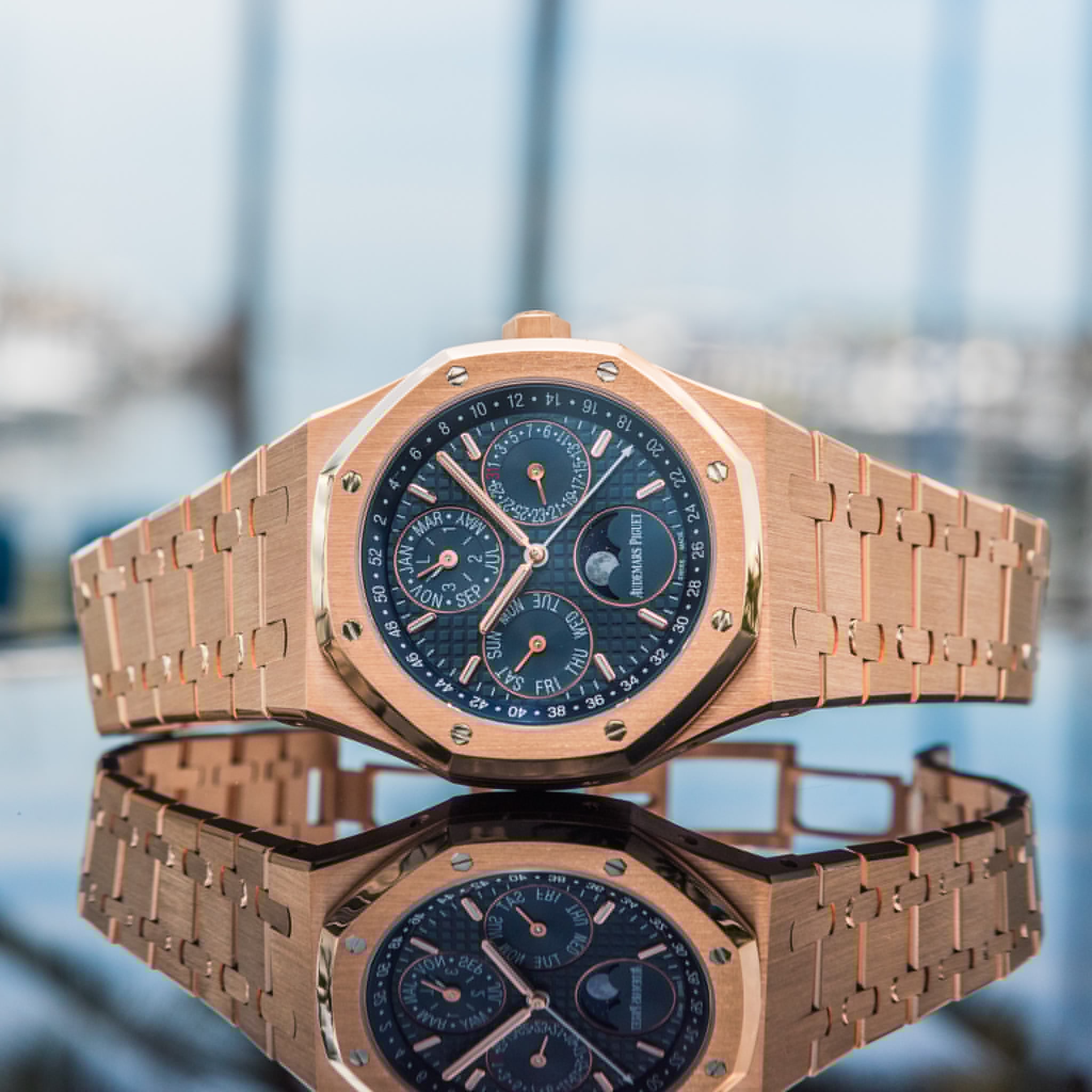 Audemars Piguet 26574or | 2017 Royal Oak Perpetual | Blue Dial | Rose Gold