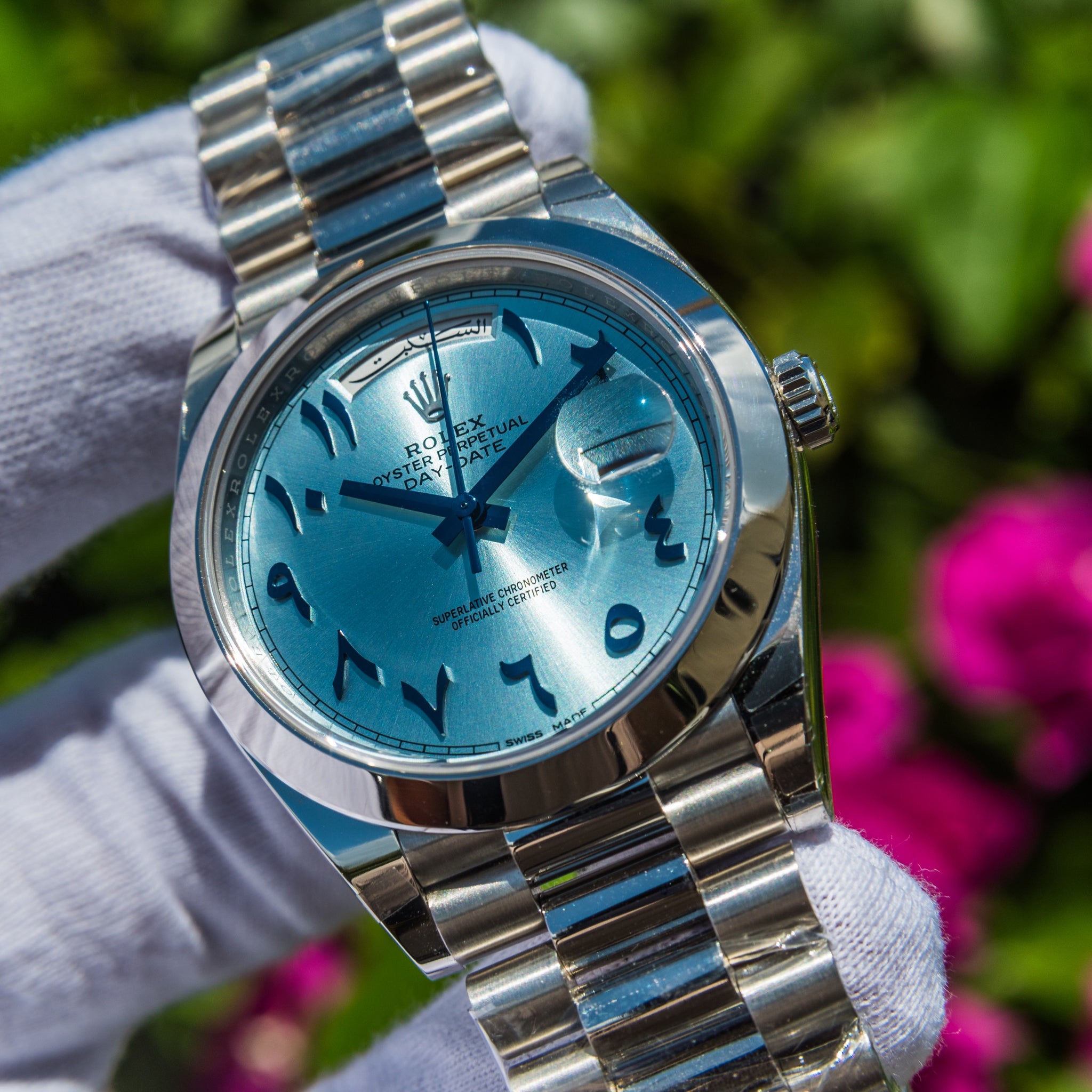 Rolex 2022 Day-Date 40mm Platinum Blue Arabic 228206