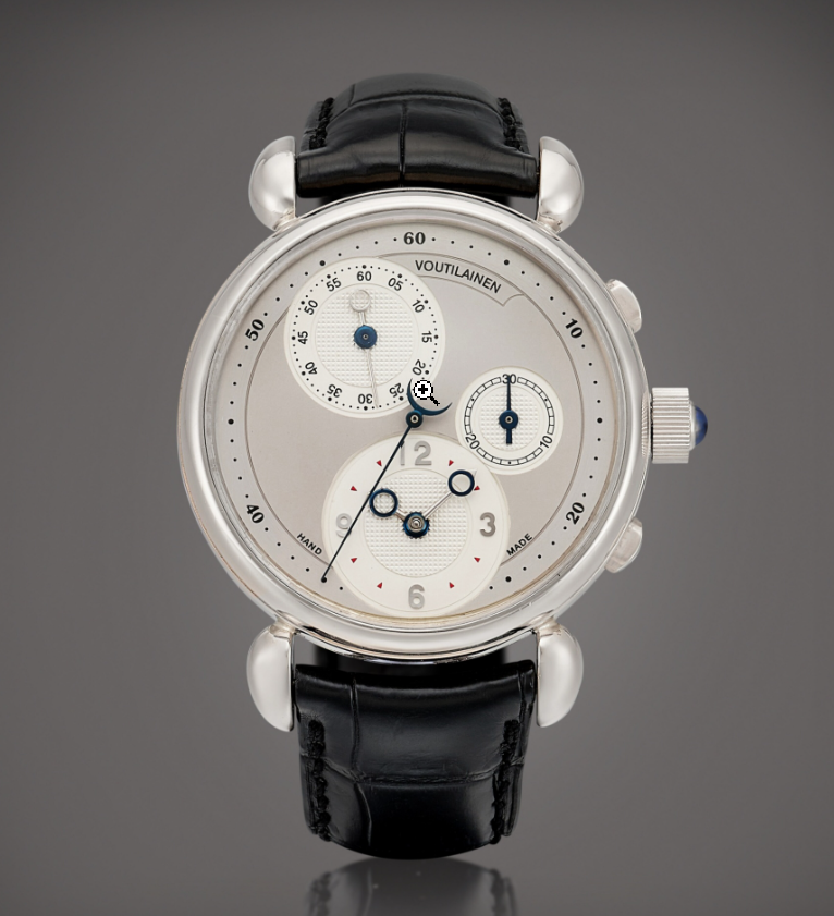 Kari Voutilainen Masterpiece Chronograph, silver dial with blued hands on black leather strap