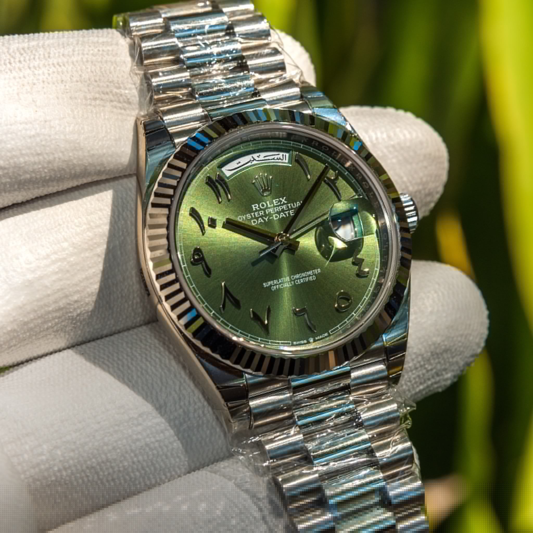 Rolex Unworn 2022 Day-Date Green Arabic Fluted 228236