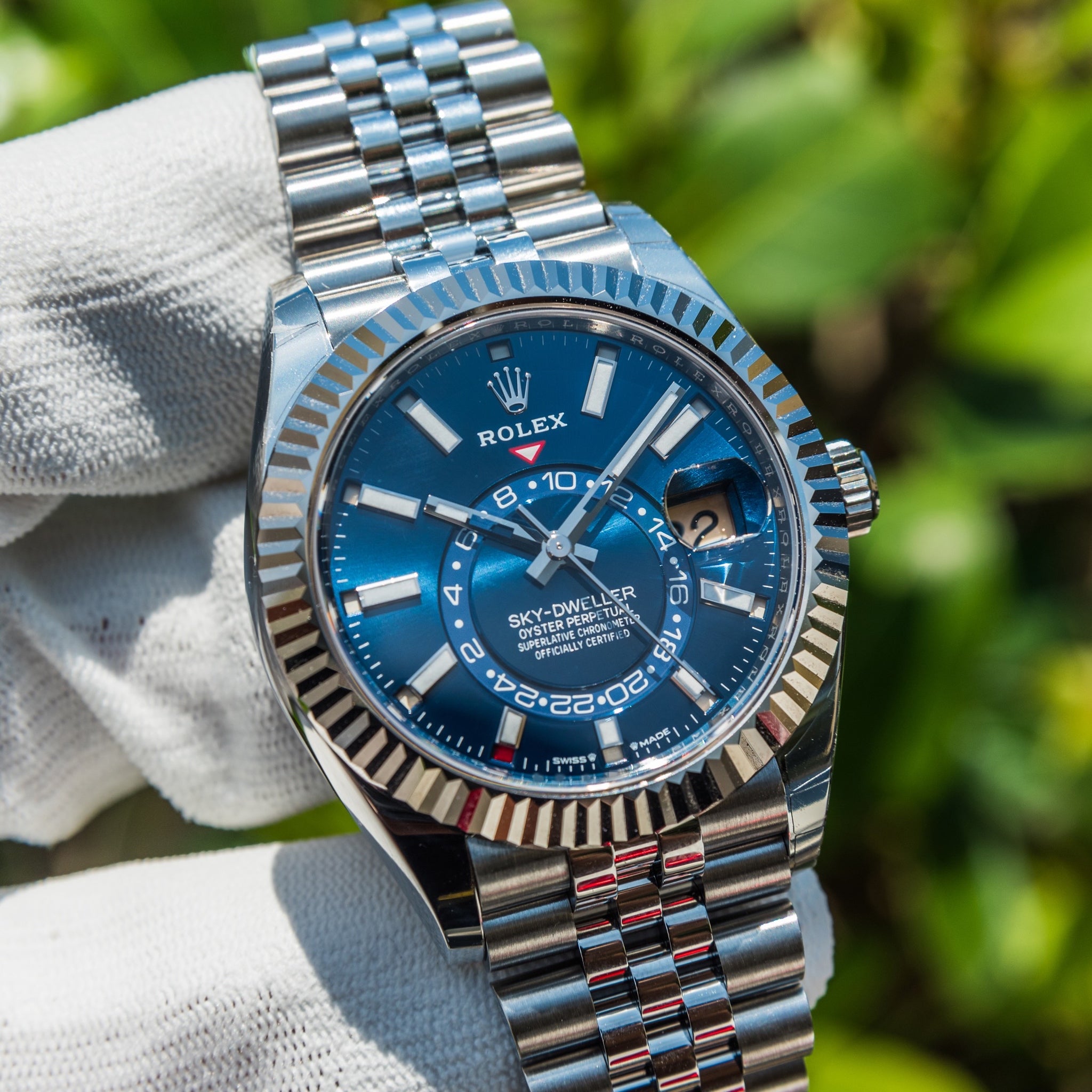 Blue face clearance rolex sky dweller