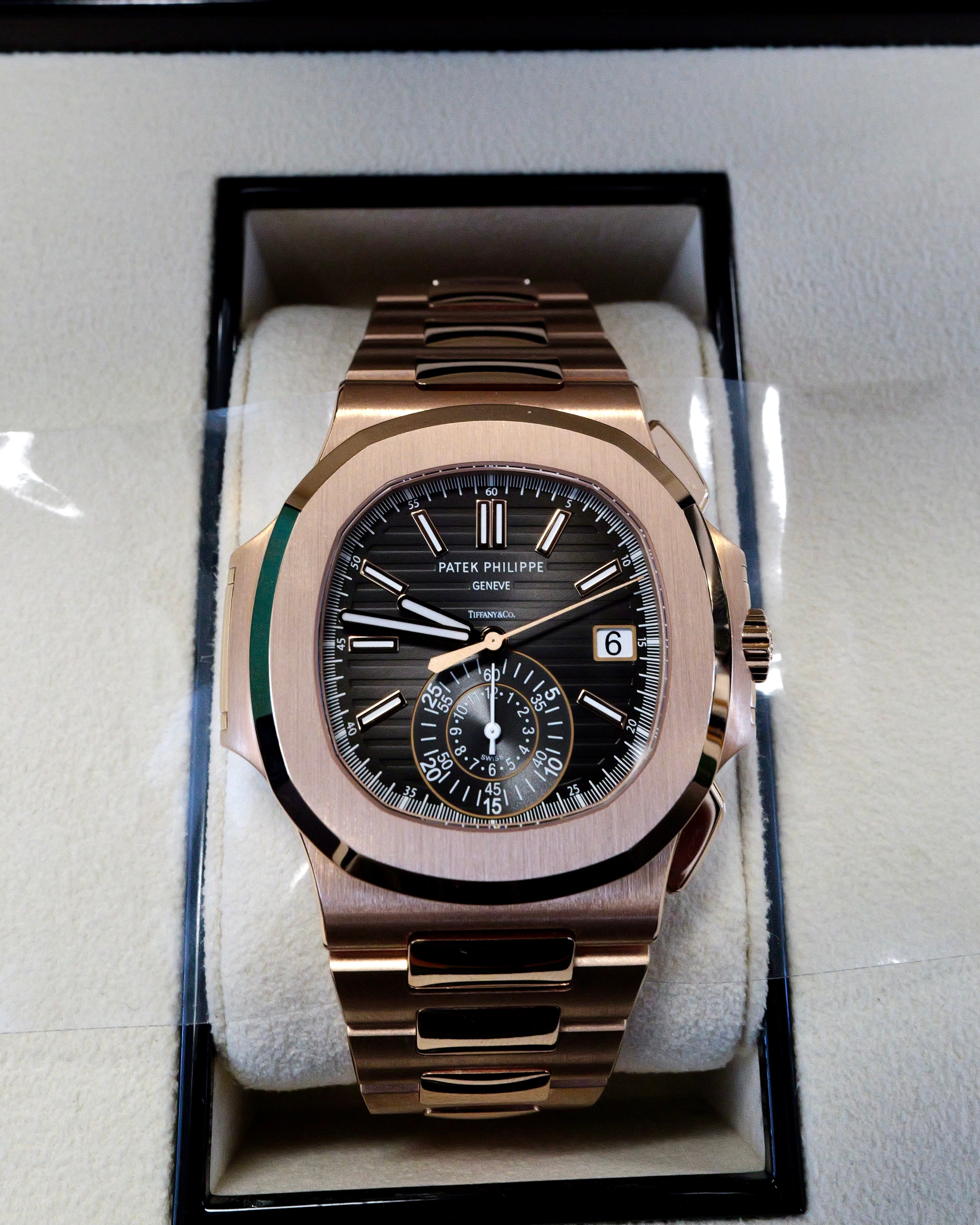 Patek Philippe Unworn Nautilus 5980/1R-001 Travel Time Chronograph Tiffany Stamp