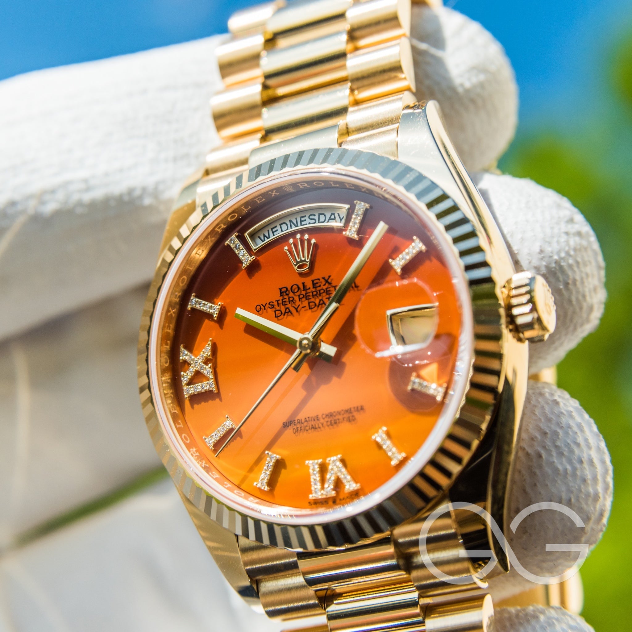 Rolex Day Date 36 Carnelian Dial Gold Fluted Bezel Yellow Gold Watch 128238