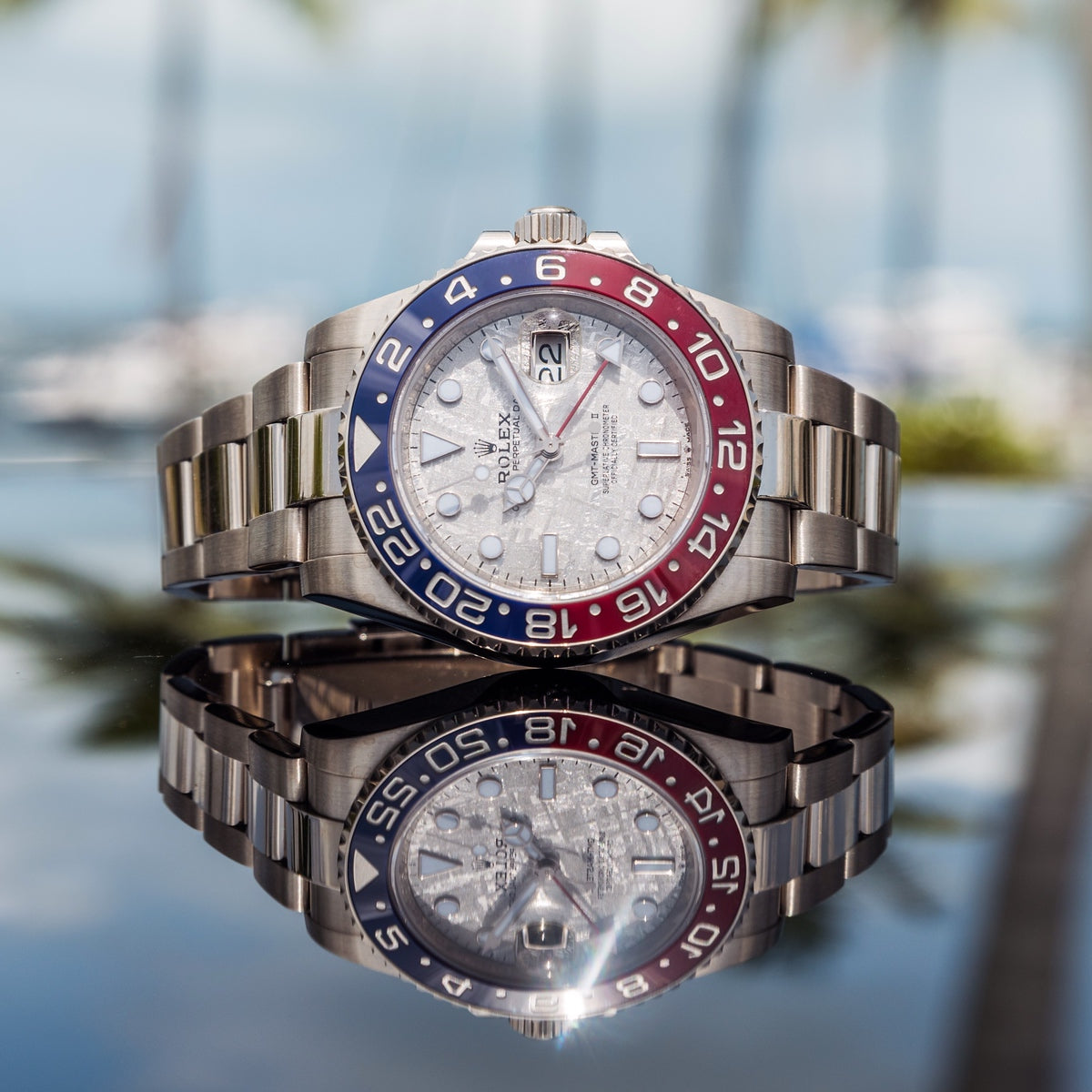 Gmt Meteorite Rolex Gmt Master White Gold Rolex White Gold GMT-Master II 40 Watch Blue And Red Pepsi Bezel