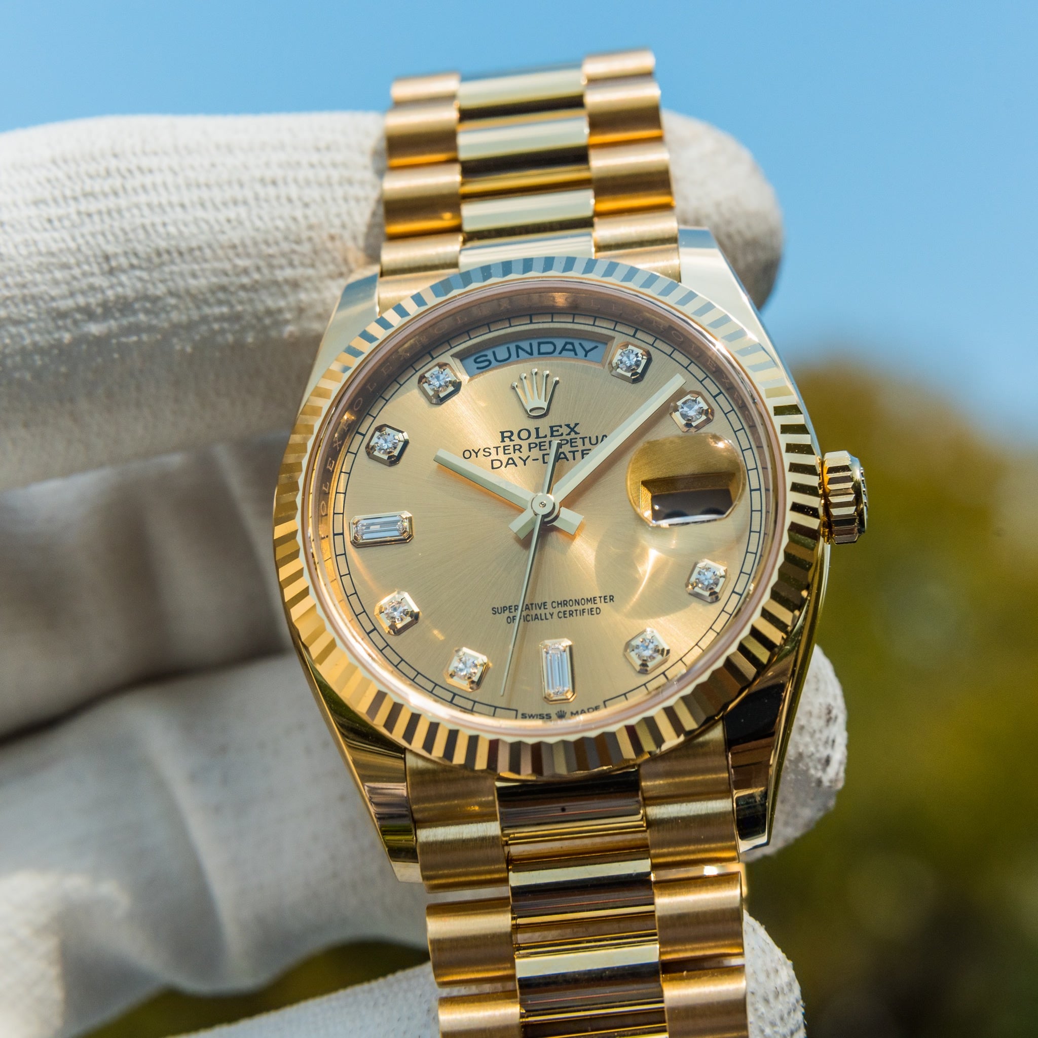 Rolex Unworn 2023 Day Date 36 Gold Diamond Dial 128238