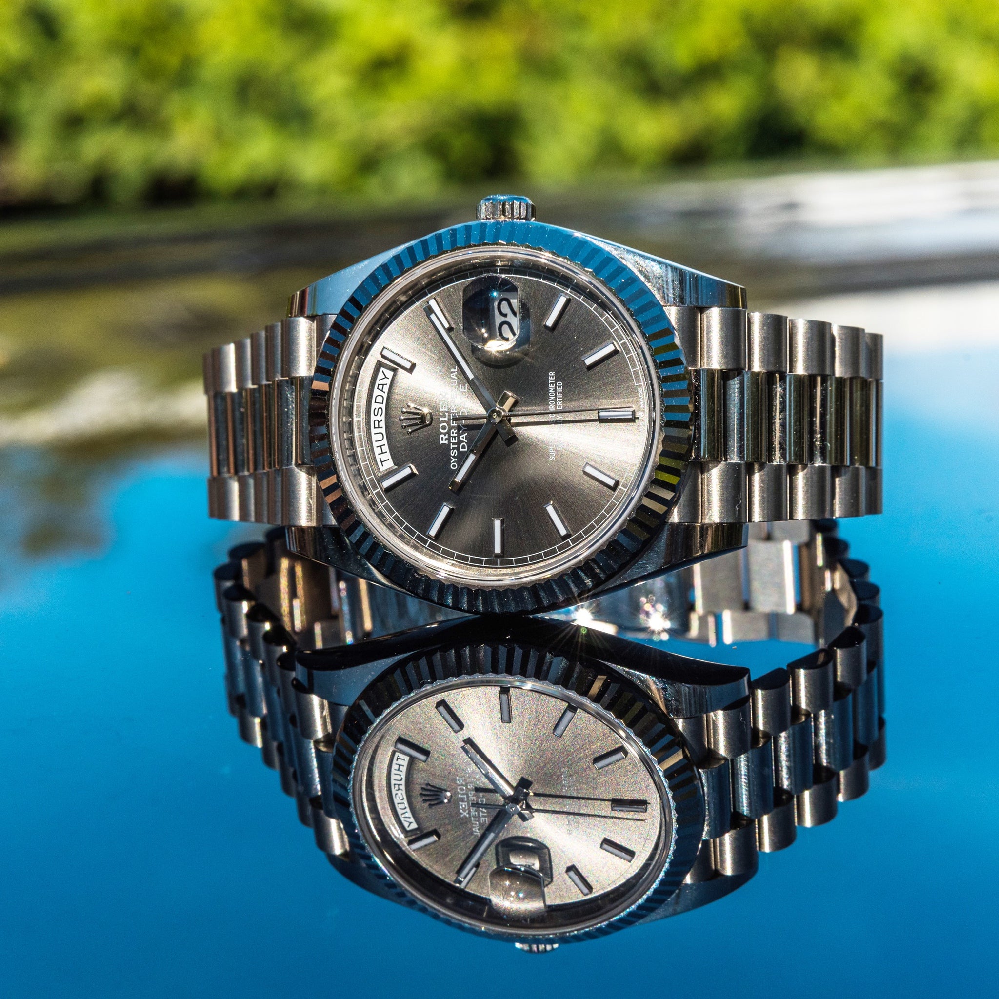 Rolex day date 40 clearance white gold blue dial